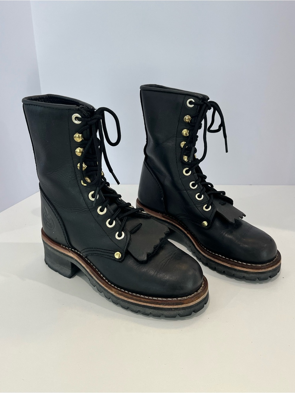 GEORGIA BOOT Black Leather Lace-Up Logger Combat Work Boots with Low Heel